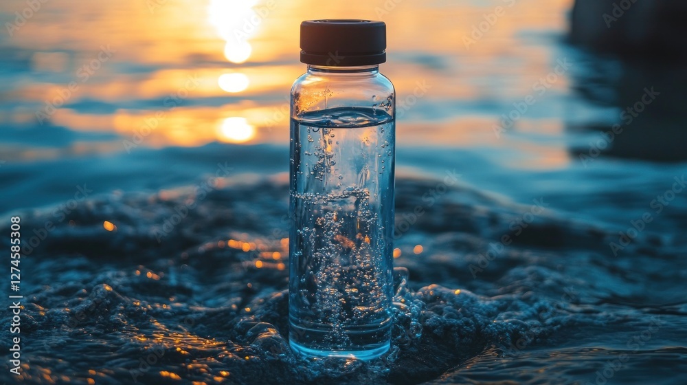 Glass bottle of water in ocean waves at sunset. Glass bottle of water in ocean waves at sunset.