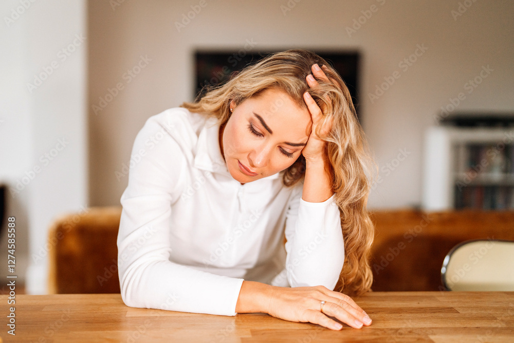 Woman sitting at table looking stressed in modern indoor setting Woman sitting at table looking stressed in modern indoor setting
