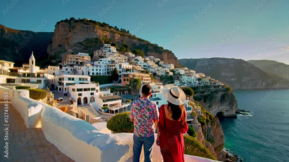 Tourists enjoy breathtaking sunset views of a charming mediterranean village nestled on a cliffside in Greece
