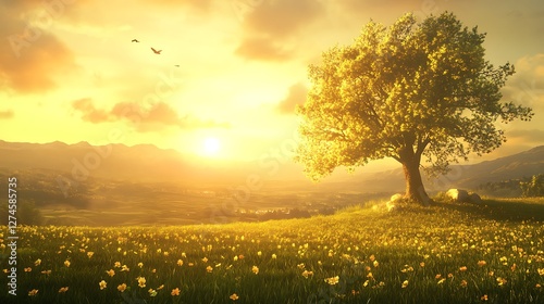 Wallpaper Mural Golden Sunset Landscape With Solitary Tree And Flowers Torontodigital.ca