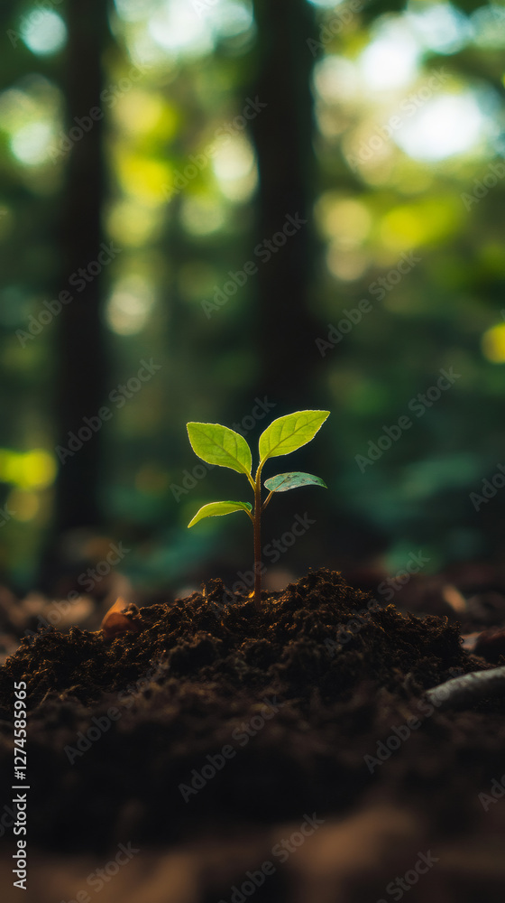 Fototapeta premium Young seedling emerging through forest ground, symbolizing resilience and natural renewal