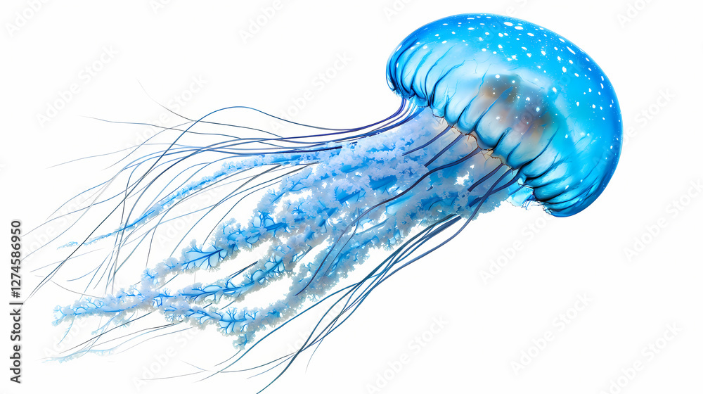 Obraz premium Stunning blue jellyfish isolated on white background, showcasing its translucent bell and flowing tentacles. Surreal Translucent Creatures. Illustration