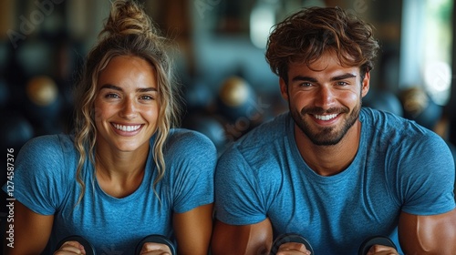 Smiling couple gym workout fitness weights health photo