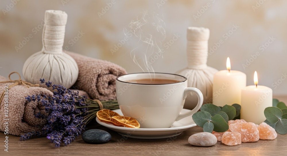 Relaxing Herbal Tea with Lavender, Candles, and Spa Elements for a Wellness Retreat
Relaxing Herbal Tea with Lavender, Candles, and Spa Elements for a Wellness Retreat
