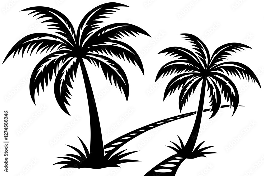 Palm Trees by Tranquil Resort Pathway - Tropical Vector Art Palm Trees by Tranquil Resort Pathway - Tropical Vector Art