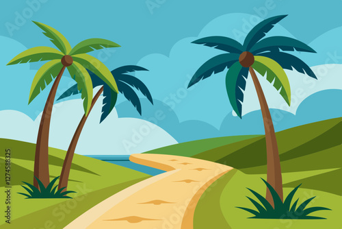 Palm Trees by Tranquil Resort Pathway - Tropical Vector Art