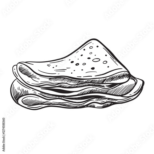 A pancake folded in a triangle. graphic drawing of a pancake. Outline sketch. hand-drawn illustration. On white background. Great for menus, posters or stickers, for cooking recipes, books, magazines