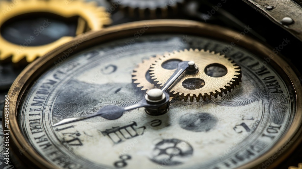 Close-up of antique clock's intricate gears and mechanism. Close-up of antique clock's intricate gears and mechanism.