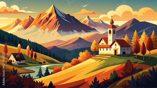 Iconic picture of Bavaria with Maria Gern church with Hochkalter peak on background. Fantastic autumn sunrise in Alps. Superb evening landscape of Germany countryside. Traveling concept