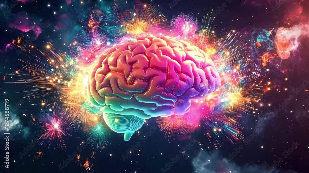 A colorful brain against a cosmic backdrop of stars and patterns highlights the fusion of science and creativity
