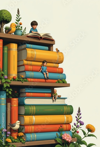 Stack of colorful books, decorated with flowers and greenery. Two children standing on an open book. Fantasy and storytelling concept for design and print.    International Children's Book Day.