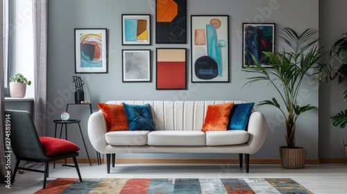 Elegant living room with a velvet sofa, a statement armchair, and art prints on the wall