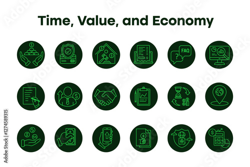 Time, Value, and Economy – Icons Representing Productivity and Financial Decision-Making with editable stroke.