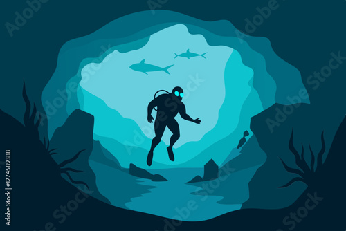 Vector Illustration of a Diver in an Underwater Cave