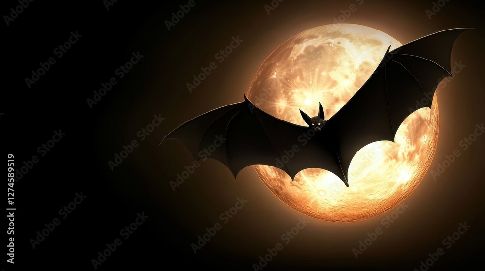 Fototapeta premium A dark and eerie bat silhouette flying against a full moon, creating a perfect Halloween atmosphere.