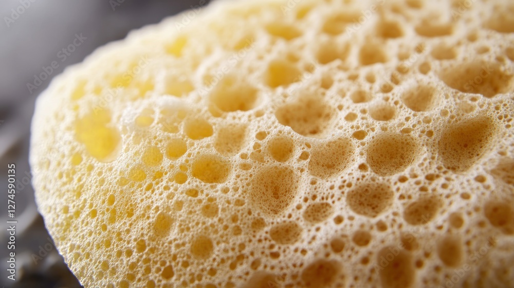 Close-up of a porous, pale yellow, textured surface resembling a sponge. Close-up of a porous, pale yellow, textured surface resembling a sponge.