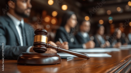 Courtroom gavel, lawyers listening, legal proceedings