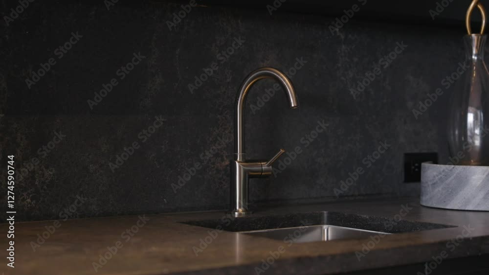 Modern kitchen sink with sleek, curved faucet. Countertop and backsplash are made of dark material, possibly granite or similar stone. Decorative glass container on right side