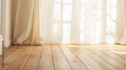 Wallpaper Mural Warm interior with wooden floor and sunlit white curtains Torontodigital.ca