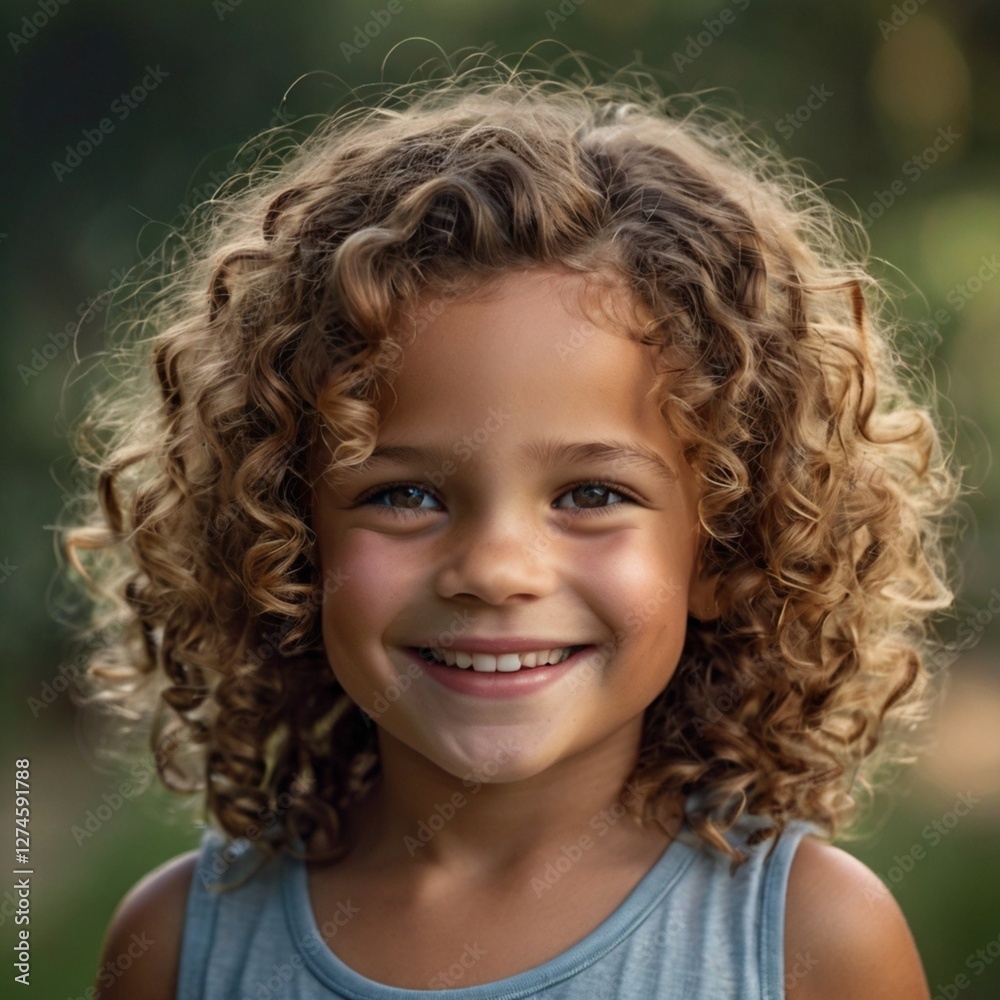 A portrait photo of a smiling child with curly hair, natural lighting.