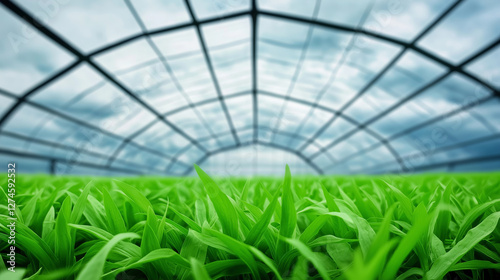 Verdant crops flourishing inside protective greenhouse, sheltering agricultural growth from challenging environmental elements