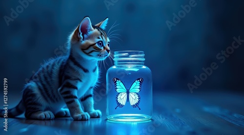 A wide-eyed cat admires a luminous butterfly contained in a glass jar, blending whimsy and fantasy under a soft, mysterious glow.