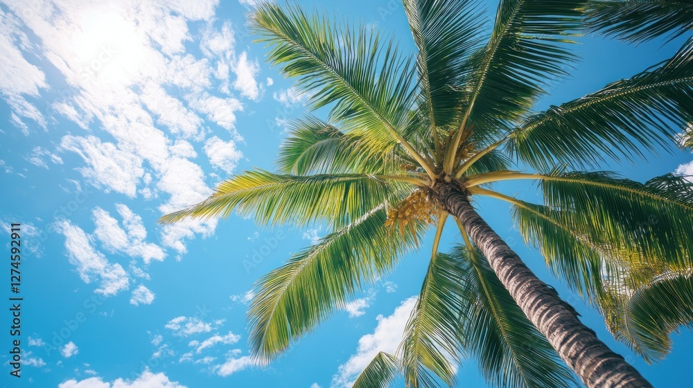 Fototapeta premium Palm Tree Paradise: A Low-Angle View of a Lush Tropical Palm Tree Against a Vivid Blue Sky