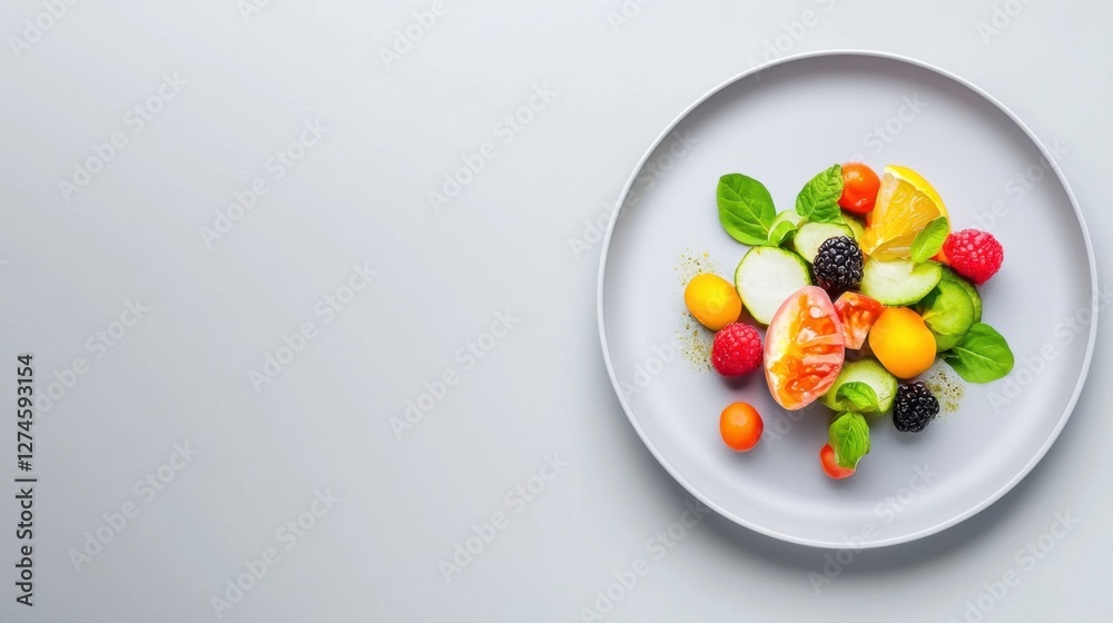 Vegan diet meal with colorful plant-based ingredients, served on a minimalist plate