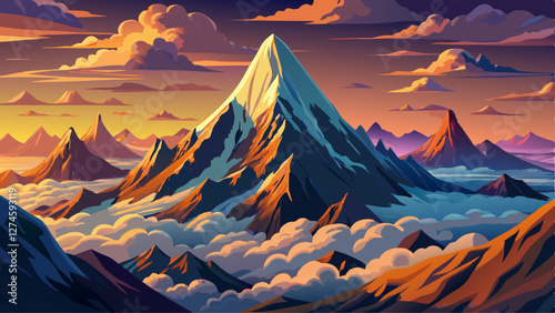 Beautiful aerial landscape of mountain peak at sunset above the clouds - panoramic