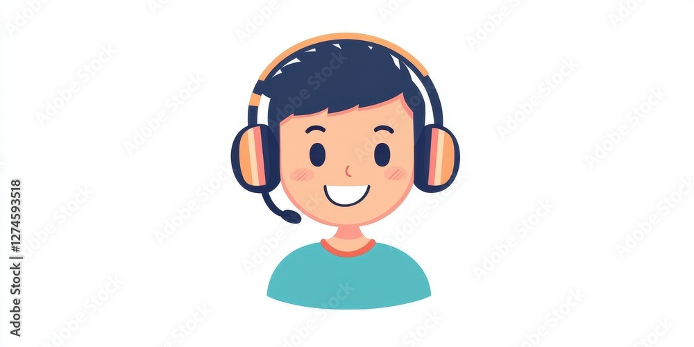 A cheerful boy wears a headset while enjoying a digital interaction during his online activities A cheerful boy wears a headset while enjoying a digital interaction during his online activities