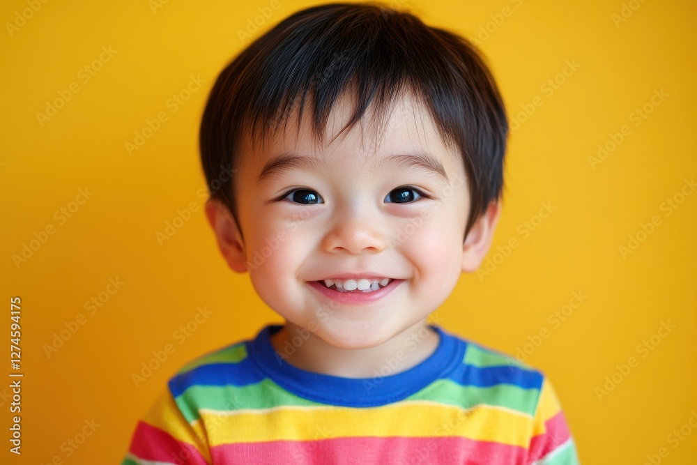 Joyful Child in Striped T-Shirt Expressing Excitement Against a Bright Yellow Backdrop Joyful Child in Striped T-Shirt Expressing Excitement Against a Bright Yellow Backdrop