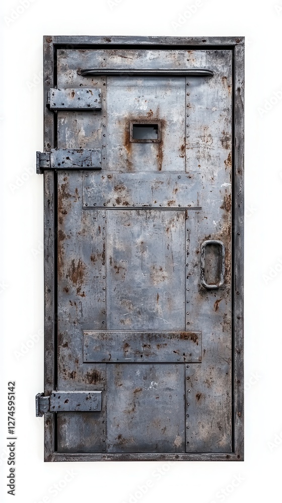 A rusty metal door with sturdy bolts and a small observation window stands weathered A rusty metal door with sturdy bolts and a small observation window stands weathered