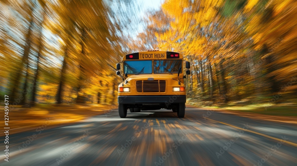 Obraz premium School bus driving on autumn road surrounded by colorful trees