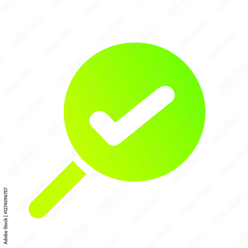 Magnifying glass icon with a check mark in gradient light green color, symbol of verification and confirmation, consent, positive answer on transparent background. Magnifying glass icon with a check mark in gradient light green color, symbol of verification and confirmation, consent, positive answer on transparent background.