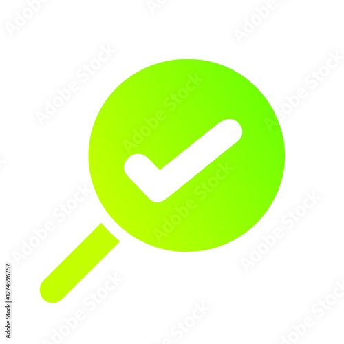 Magnifying glass icon with a check mark in gradient light green color, symbol of verification and confirmation, consent, positive answer on transparent background.