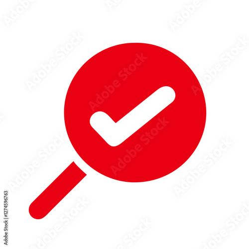 Magnifying glass icon with check mark gradient red, symbol of verification and confirmation, consent, positive answer on transparent background.