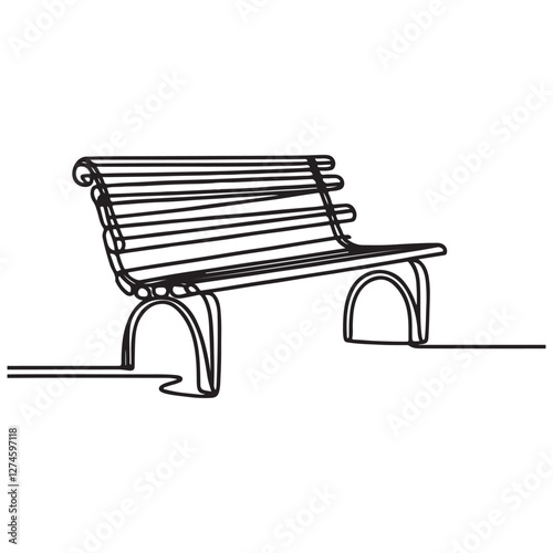 Bench in line art style. Continuous one line minimalism style drawing. Wooden furniture for outdoor relax. Single line illustration in perspective view. Handdraw contour. Doodle vector 10 eps 