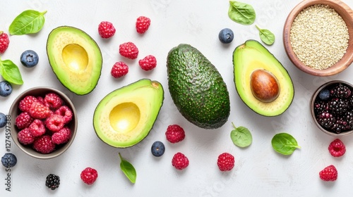 A top-down view of a kitchen counter filled with superfoods like avocados, berries, and quinoa