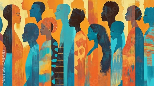 A vibrant assembly of stylized individuals representing social equity.