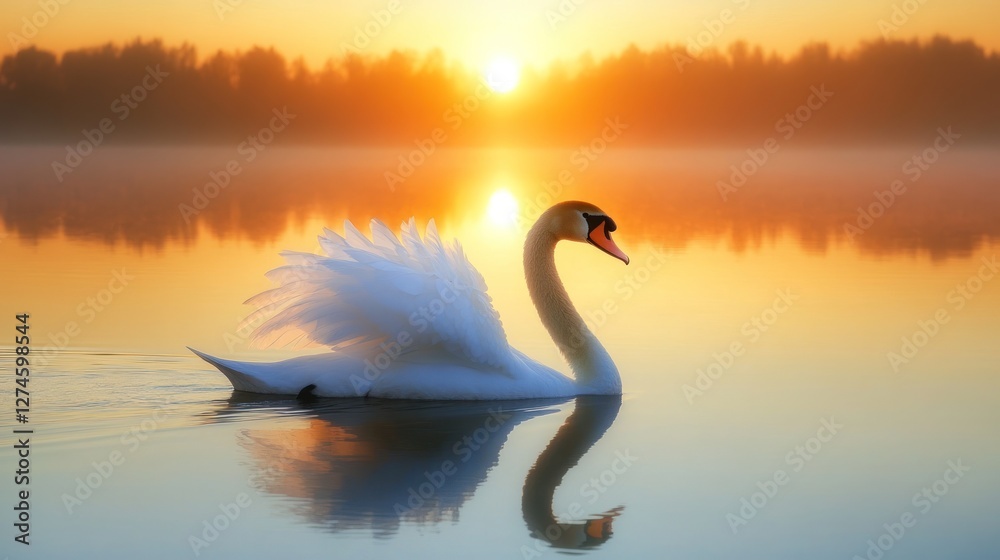 Fototapeta premium Majestic Swan at Sunrise: A Serene Water Reflection