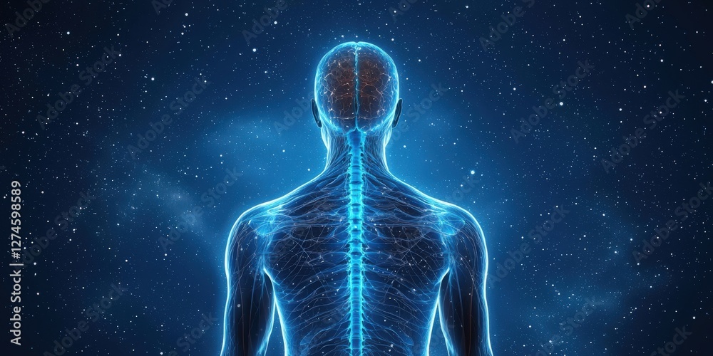 A glowing outline of a human figure from the back, showcasing a neural network, set against a starry background representing connection and consciousness. A glowing outline of a human figure from the back, showcasing a neural network, set against a starry background representing connection and consciousness.