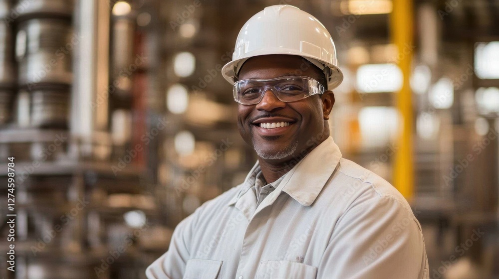 Joyful Construction Specialist in Hard Hat at Steel Fabrication Site - Smiling African American Engineer in Professional Gear Joyful Construction Specialist in Hard Hat at Steel Fabrication Site - Smiling African American Engineer in Professional Gear
