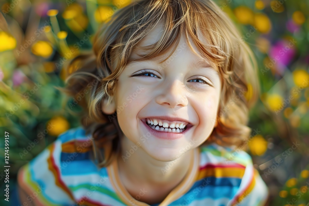smiling happy Caucasian boy standing at spring flower field, cheerful kid smiling happy Caucasian boy standing at spring flower field, cheerful kid
