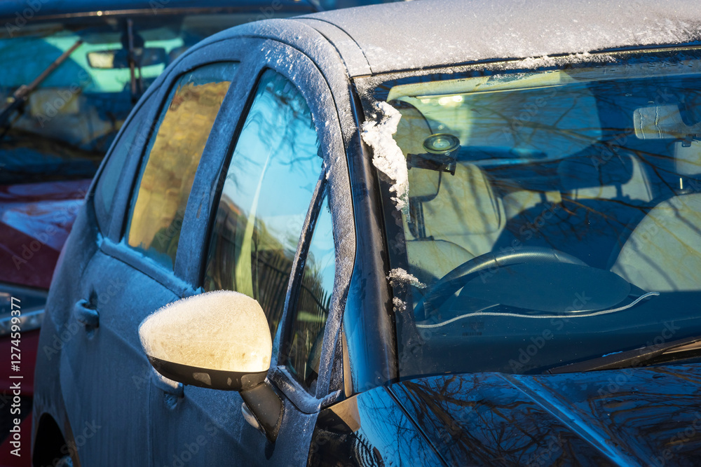 Obraz premium Frost snow covered car door handle and window in england uk