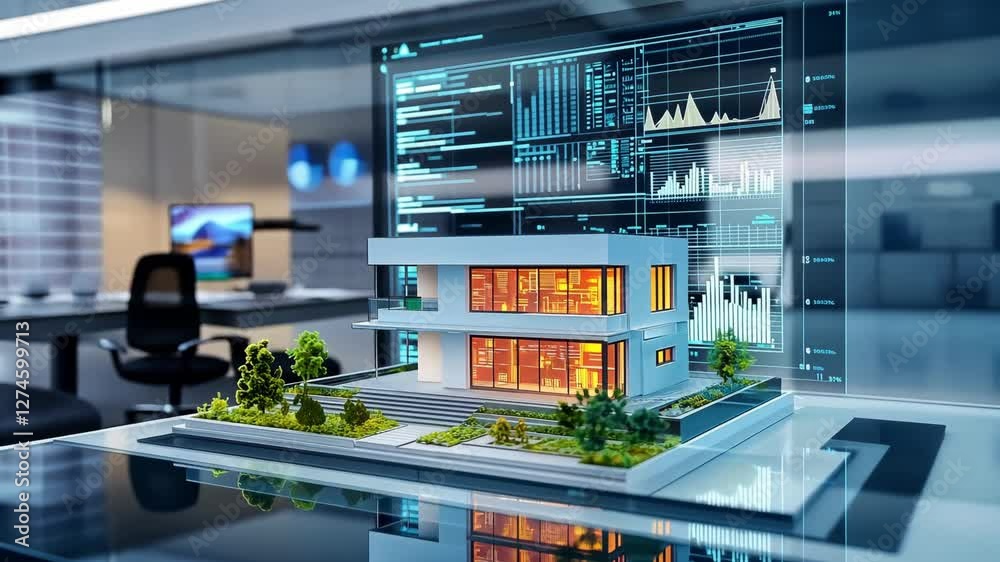 A detailed architectural model showcases a modern house design in an innovative workspace with interactive data analytics visualizations on glass