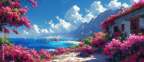 Fototapeta Naklejka Na Ścianę i Meble -  painting illustration, breathtaking summer nature scenery, a house covered with pink bougainvillea with blue ocean view 