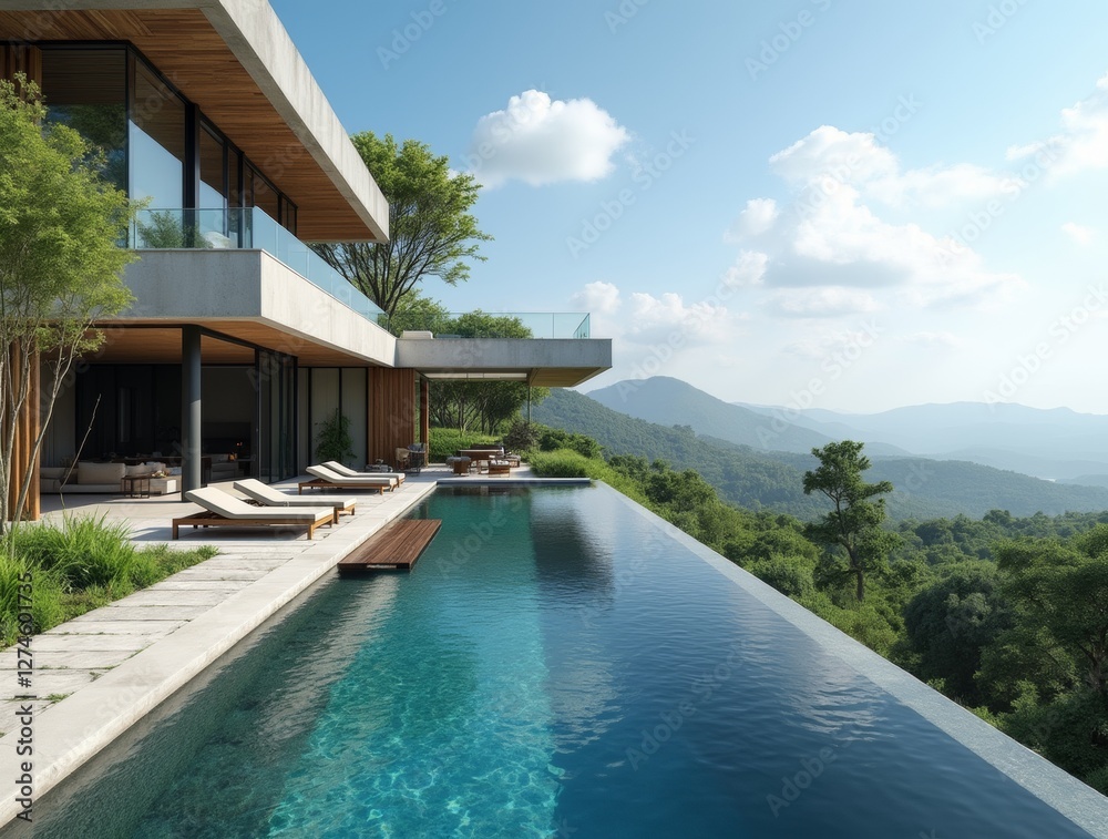 Fototapeta premium Stunning luxury villa with a modern design, featuring an infinity pool, lush gardens, and panoramic views, perfect for high-end real estate listings.