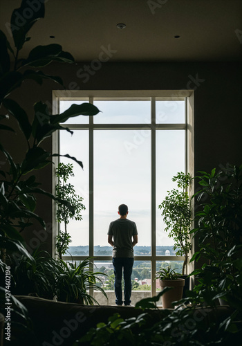 Man Standing in Front of Large Window Surrounded by Plants