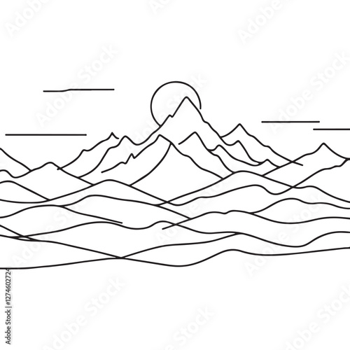 Continuous line drawing of mountain range landscape background. One single line pen drawing of mountain panoramic view. Line art style illustration of nature. Vector simple linear style. Handdrawn 10 