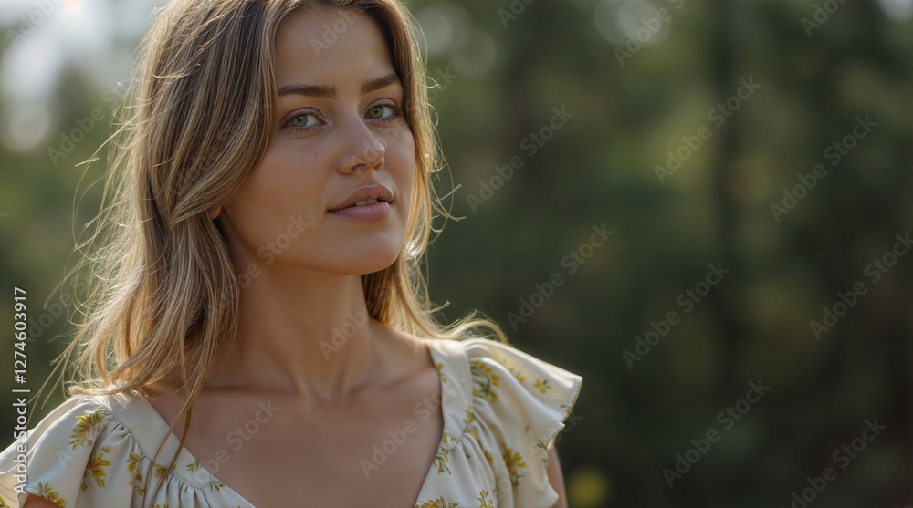 Young woman with blonde hair in white floral dress, standing outdoors in soft natural light, forest background, golden hour glow, serene expression, gentle smile, cinematic portrait. Young woman with blonde hair in white floral dress, standing outdoors in soft natural light, forest background, golden hour glow, serene expression, gentle smile, cinematic portrait.